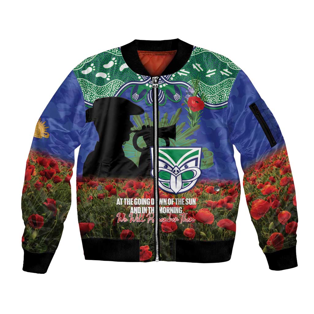 Personalised NZ Warriors Rugby ANZAC Day Sleeve Zip Bomber Jacket Last Post Poppy We Will Remember Them