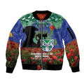 Personalised NZ Warriors Rugby ANZAC Day Sleeve Zip Bomber Jacket Last Post Poppy We Will Remember Them