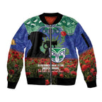 Personalised NZ Warriors Rugby ANZAC Day Sleeve Zip Bomber Jacket Last Post Poppy We Will Remember Them