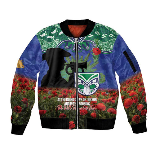 Personalised NZ Warriors Rugby ANZAC Day Sleeve Zip Bomber Jacket Last Post Poppy We Will Remember Them