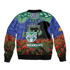Personalised NZ Warriors Rugby ANZAC Day Sleeve Zip Bomber Jacket Last Post Poppy We Will Remember Them