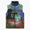 Personalised NZ Warriors Rugby ANZAC Day Sleeveless Puffer Jacket Last Post Poppy We Will Remember Them