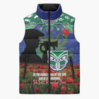 Personalised NZ Warriors Rugby ANZAC Day Sleeveless Puffer Jacket Last Post Poppy We Will Remember Them