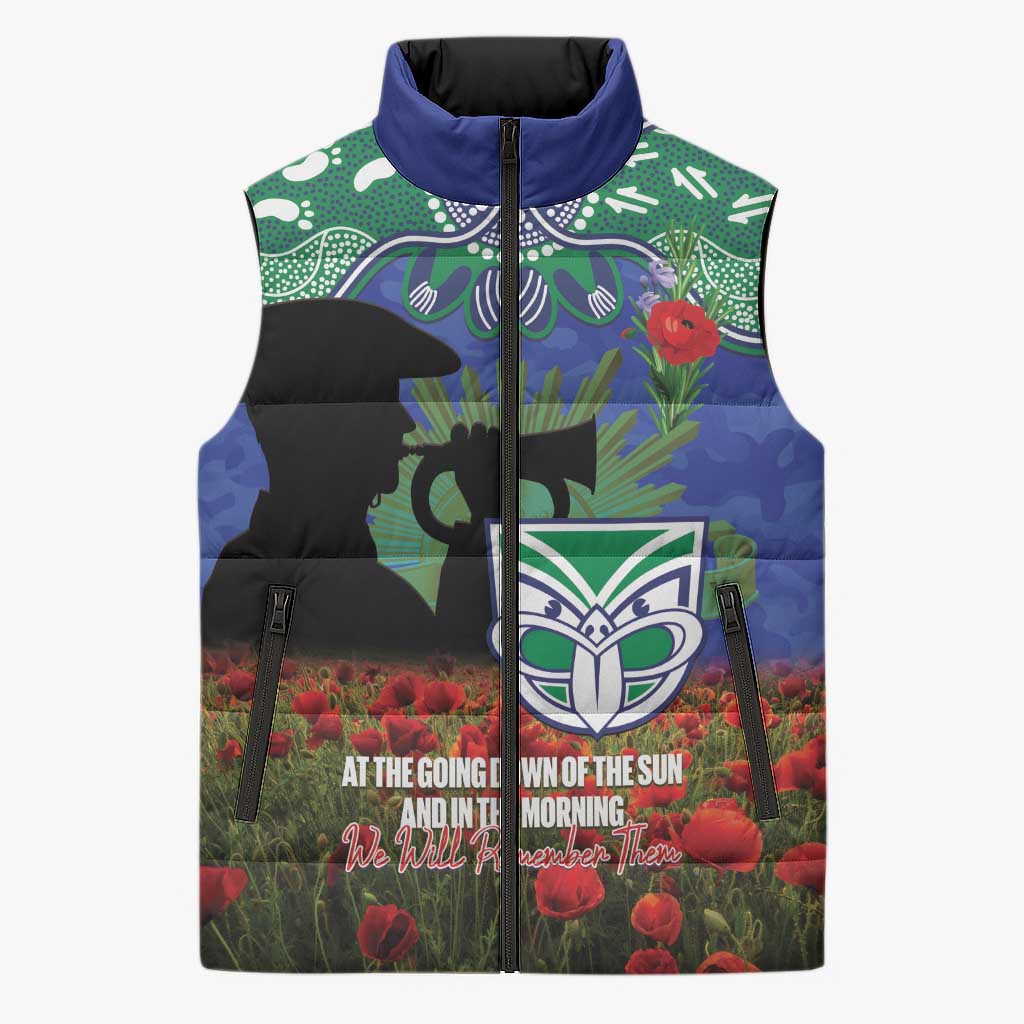 Personalised NZ Warriors Rugby ANZAC Day Sleeveless Puffer Jacket Last Post Poppy We Will Remember Them