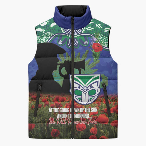 Personalised NZ Warriors Rugby ANZAC Day Sleeveless Puffer Jacket Last Post Poppy We Will Remember Them