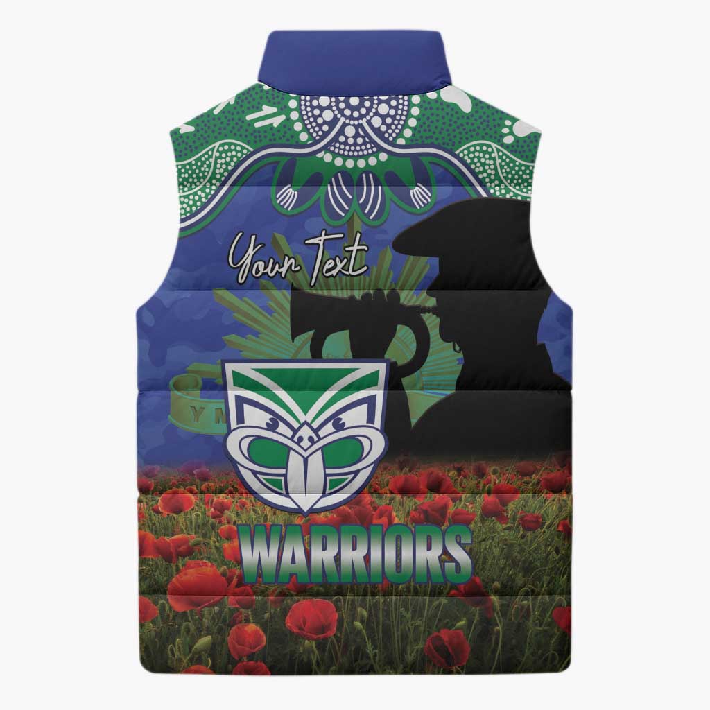 Personalised NZ Warriors Rugby ANZAC Day Sleeveless Puffer Jacket Last Post Poppy We Will Remember Them