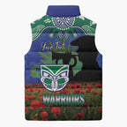 Personalised NZ Warriors Rugby ANZAC Day Sleeveless Puffer Jacket Last Post Poppy We Will Remember Them