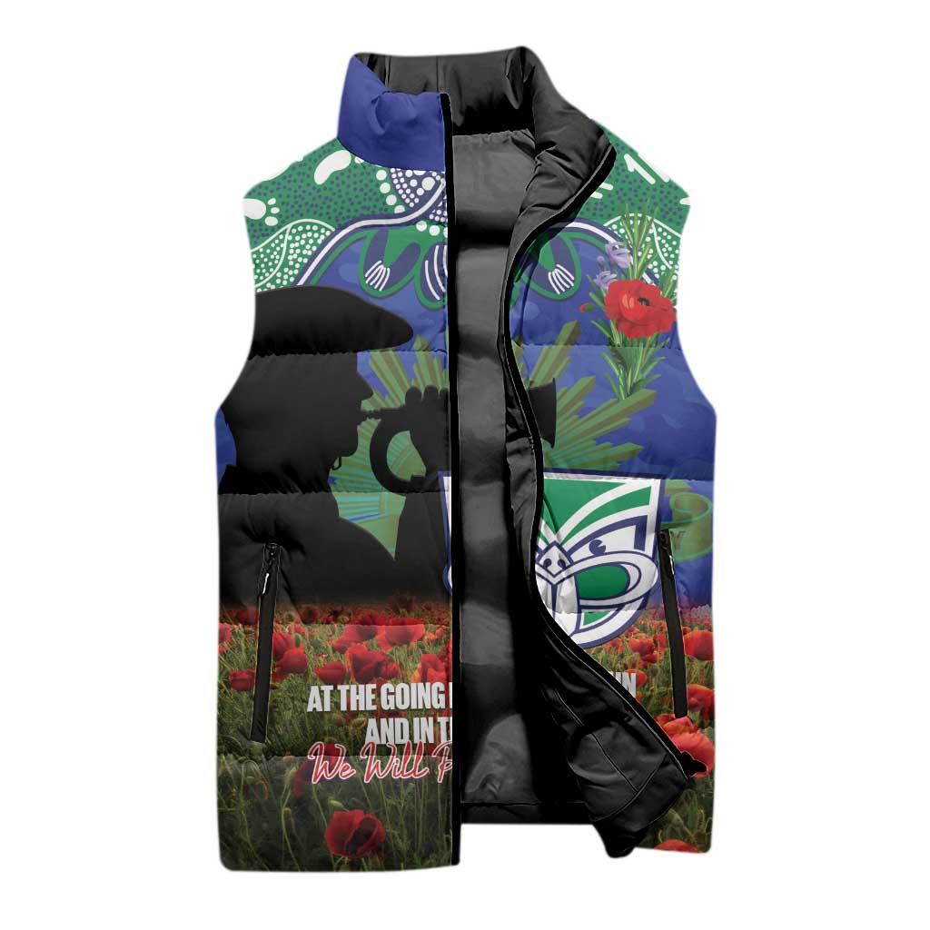 Personalised NZ Warriors Rugby ANZAC Day Sleeveless Puffer Jacket Last Post Poppy We Will Remember Them