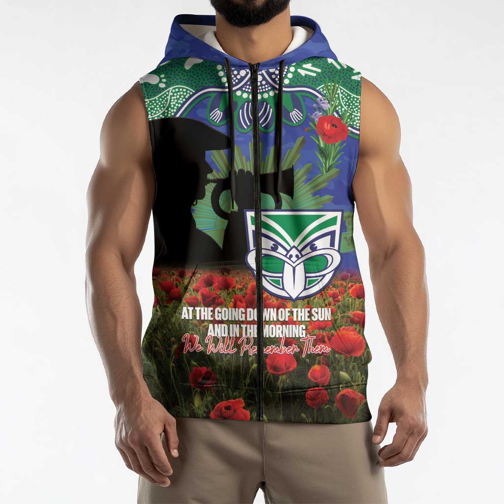 Personalised NZ Warriors Rugby ANZAC Day Sleeveless Zip Hoodie Last Post Poppy We Will Remember Them