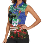 Personalised NZ Warriors Rugby ANZAC Day Women Sleeveless Polo Shirt Last Post Poppy We Will Remember Them