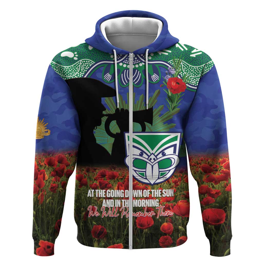 Personalised NZ Warriors Rugby ANZAC Day Zip Hoodie Last Post Poppy We Will Remember Them