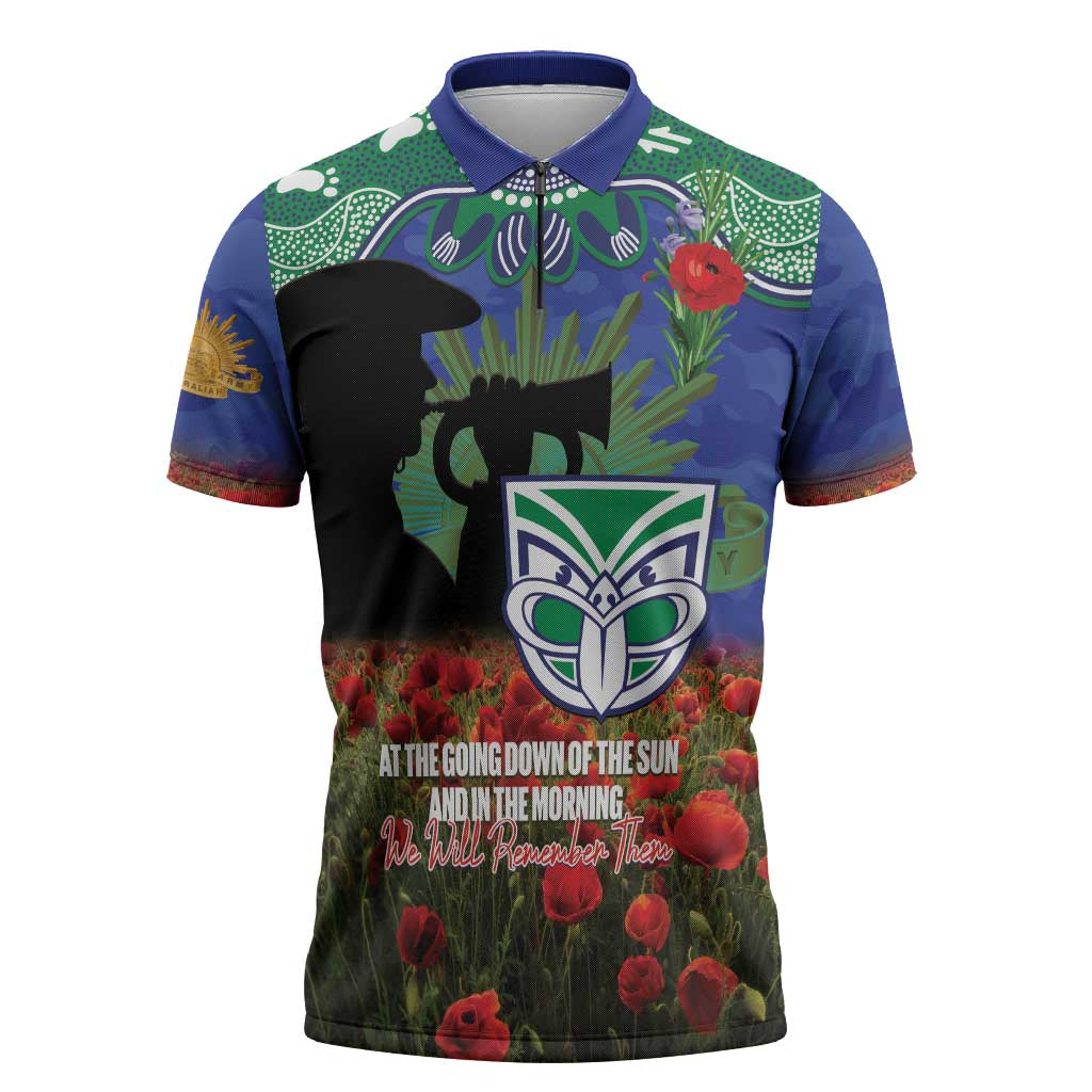 Personalised NZ Warriors Rugby ANZAC Day Zipper Polo Shirt Last Post Poppy We Will Remember Them