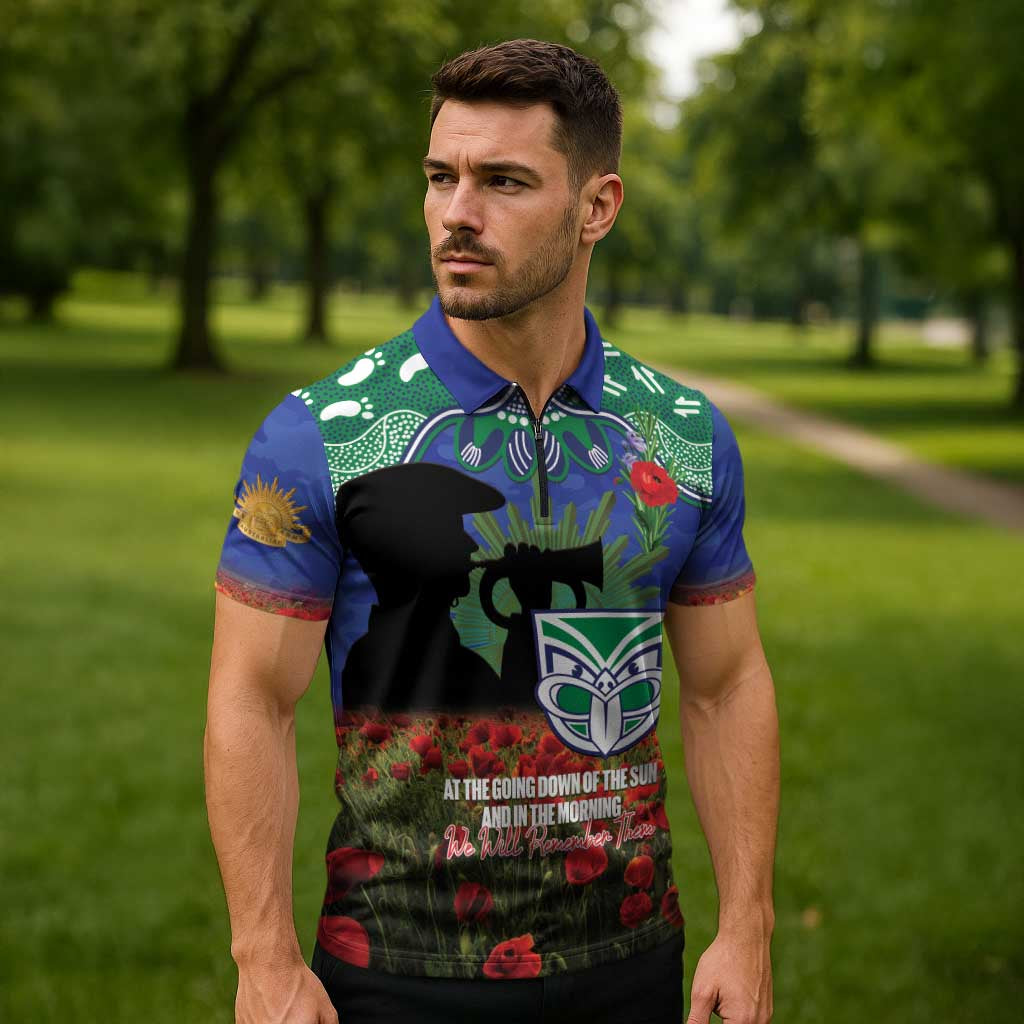 Personalised NZ Warriors Rugby ANZAC Day Zipper Polo Shirt Last Post Poppy We Will Remember Them