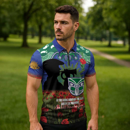 Personalised NZ Warriors Rugby ANZAC Day Zipper Polo Shirt Last Post Poppy We Will Remember Them