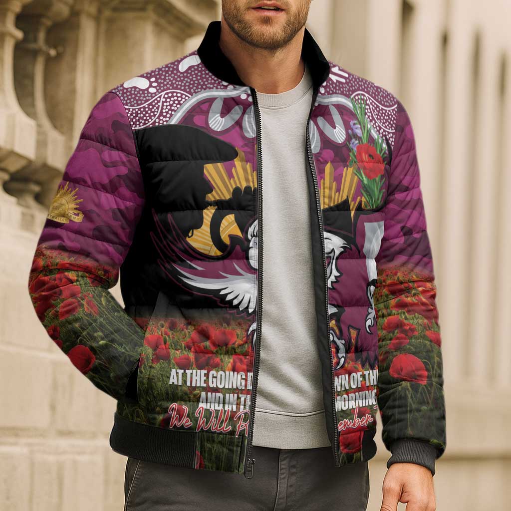 Personalised Sea Eagles Rugby ANZAC Day Bomber Puffer Jacket Last Post Poppy We Will Remember Them