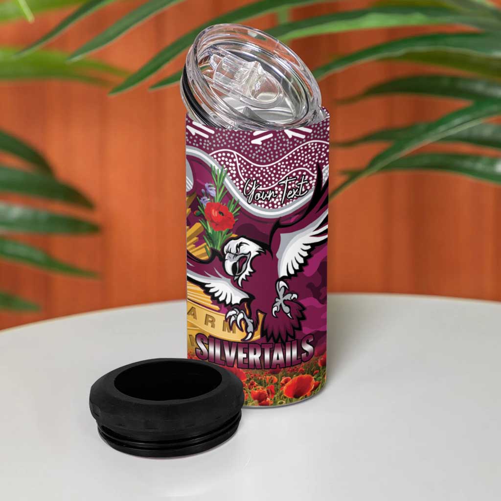 Personalised Sea Eagles Rugby ANZAC Day 4 in 1 Can Cooler Tumbler Last Post Poppy We Will Remember Them