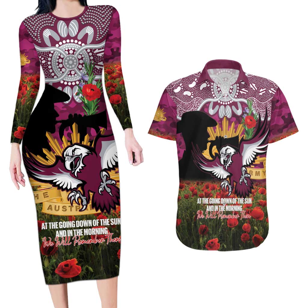 Personalised Sea Eagles Rugby ANZAC Day Couples Matching Long Sleeve Bodycon Dress and Hawaiian Shirt Last Post Poppy We Will Remember Them
