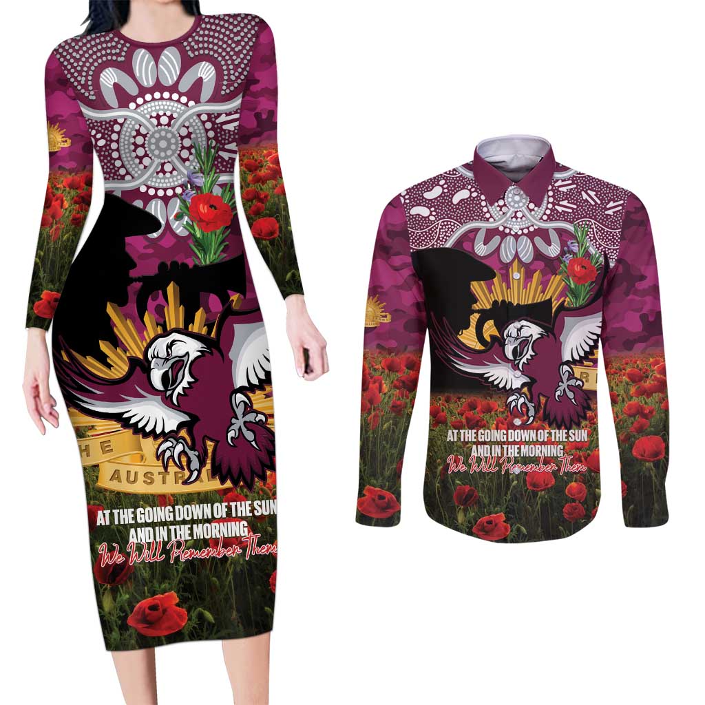 Personalised Sea Eagles Rugby ANZAC Day Couples Matching Long Sleeve Bodycon Dress and Long Sleeve Button Shirt Last Post Poppy We Will Remember Them