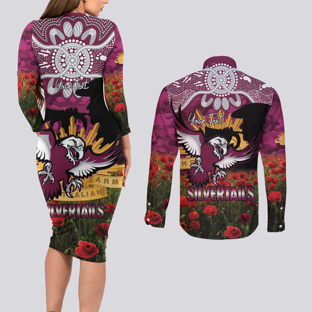 Personalised Sea Eagles Rugby ANZAC Day Couples Matching Long Sleeve Bodycon Dress and Long Sleeve Button Shirt Last Post Poppy We Will Remember Them