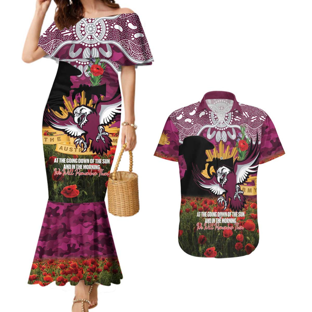 Personalised Sea Eagles Rugby ANZAC Day Couples Matching Mermaid Dress and Hawaiian Shirt Last Post Poppy We Will Remember Them
