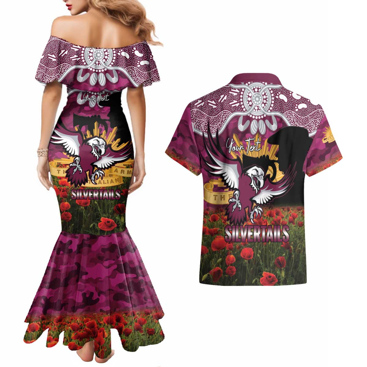 Personalised Sea Eagles Rugby ANZAC Day Couples Matching Mermaid Dress and Hawaiian Shirt Last Post Poppy We Will Remember Them