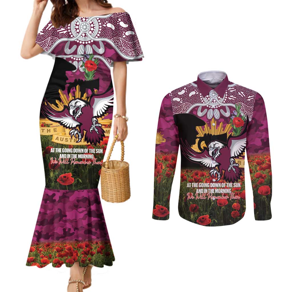 Personalised Sea Eagles Rugby ANZAC Day Couples Matching Mermaid Dress and Long Sleeve Button Shirt Last Post Poppy We Will Remember Them