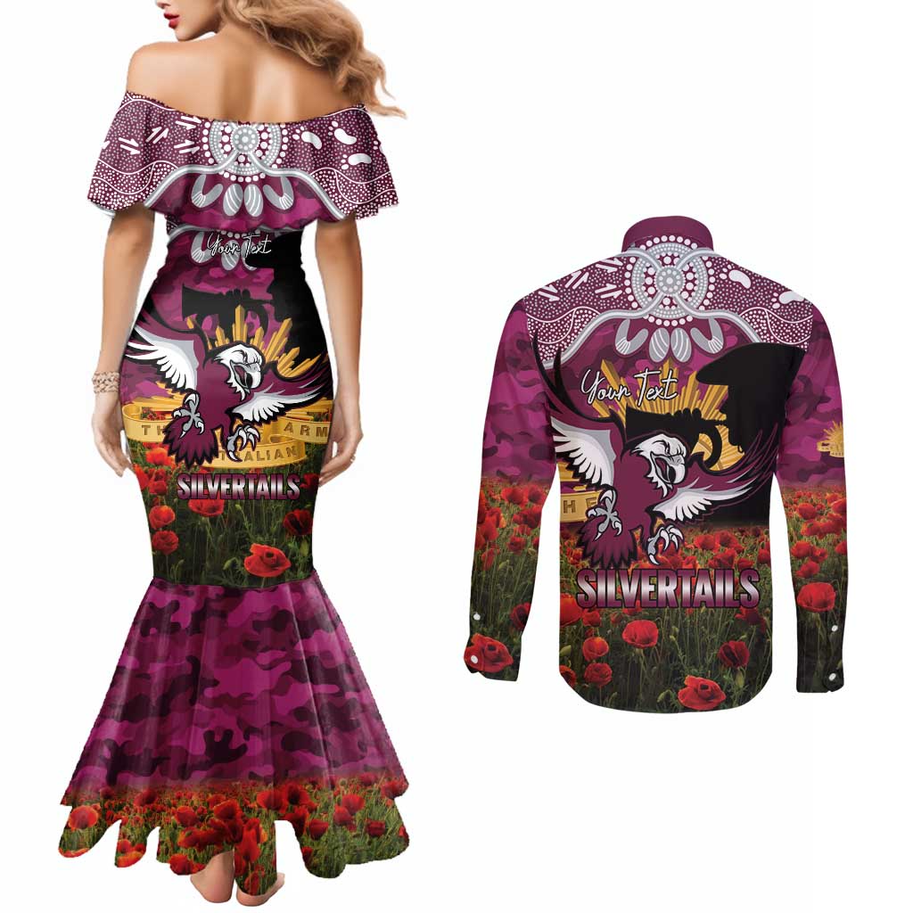 Personalised Sea Eagles Rugby ANZAC Day Couples Matching Mermaid Dress and Long Sleeve Button Shirt Last Post Poppy We Will Remember Them