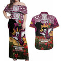 Personalised Sea Eagles Rugby ANZAC Day Couples Matching Off Shoulder Maxi Dress and Hawaiian Shirt Last Post Poppy We Will Remember Them