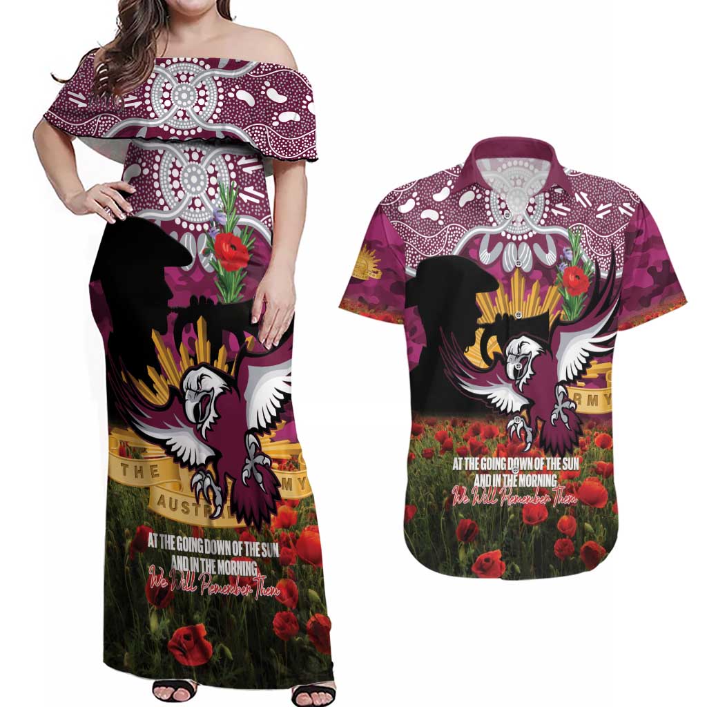 Personalised Sea Eagles Rugby ANZAC Day Couples Matching Off Shoulder Maxi Dress and Hawaiian Shirt Last Post Poppy We Will Remember Them