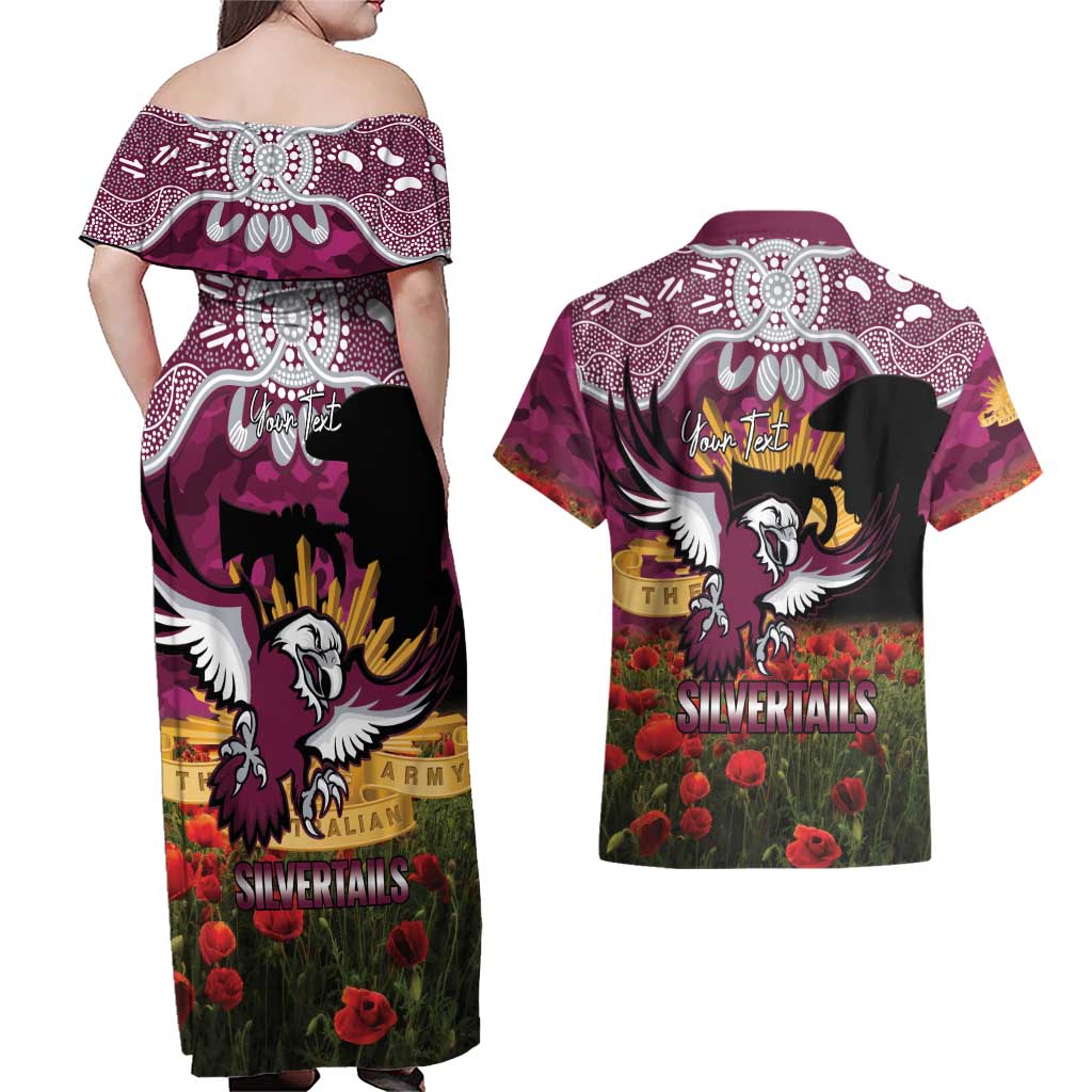 Personalised Sea Eagles Rugby ANZAC Day Couples Matching Off Shoulder Maxi Dress and Hawaiian Shirt Last Post Poppy We Will Remember Them