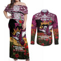 Personalised Sea Eagles Rugby ANZAC Day Couples Matching Off Shoulder Maxi Dress and Long Sleeve Button Shirt Last Post Poppy We Will Remember Them
