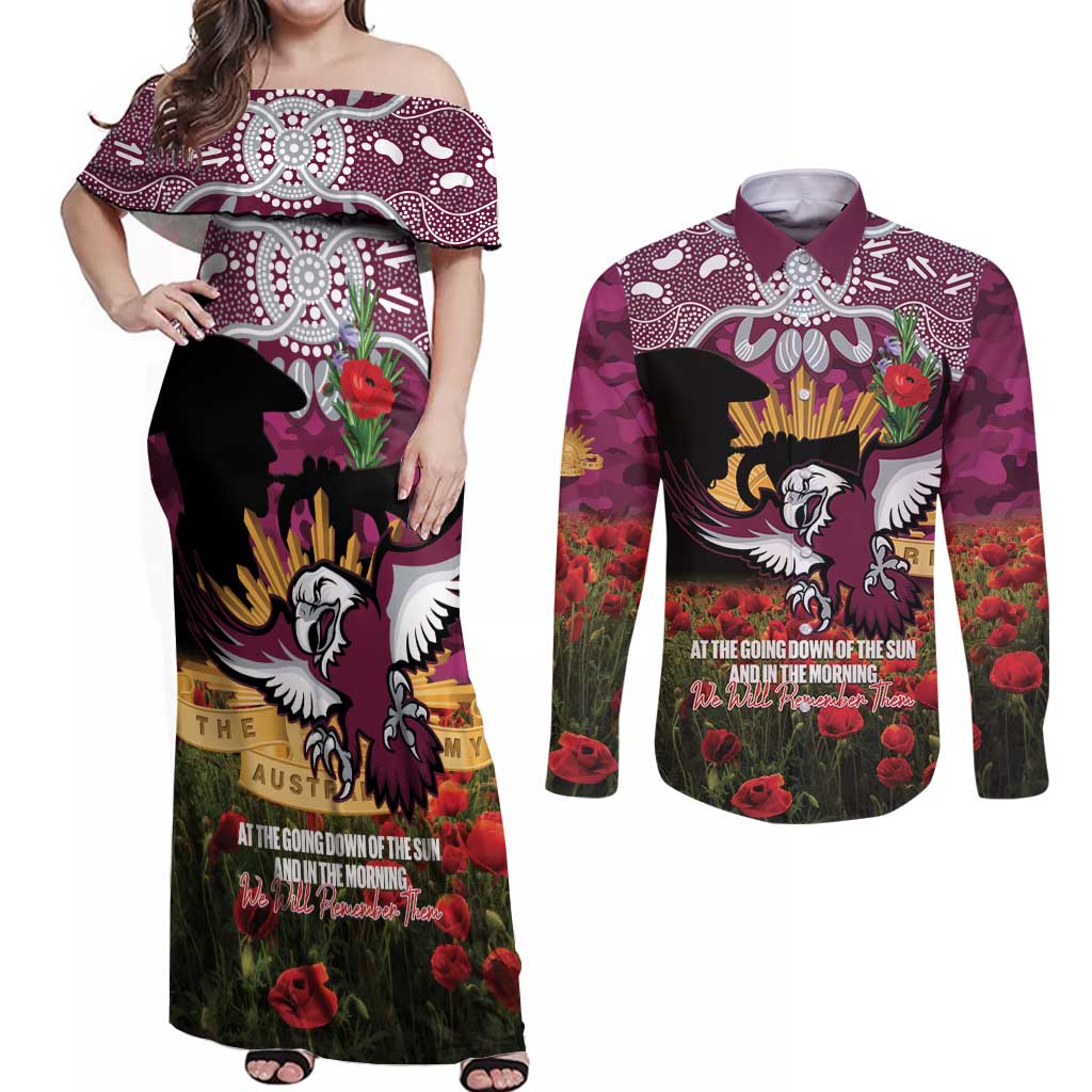 Personalised Sea Eagles Rugby ANZAC Day Couples Matching Off Shoulder Maxi Dress and Long Sleeve Button Shirt Last Post Poppy We Will Remember Them