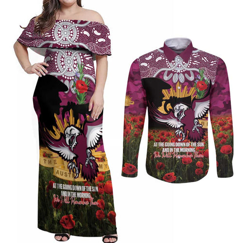 Personalised Sea Eagles Rugby ANZAC Day Couples Matching Off Shoulder Maxi Dress and Long Sleeve Button Shirt Last Post Poppy We Will Remember Them