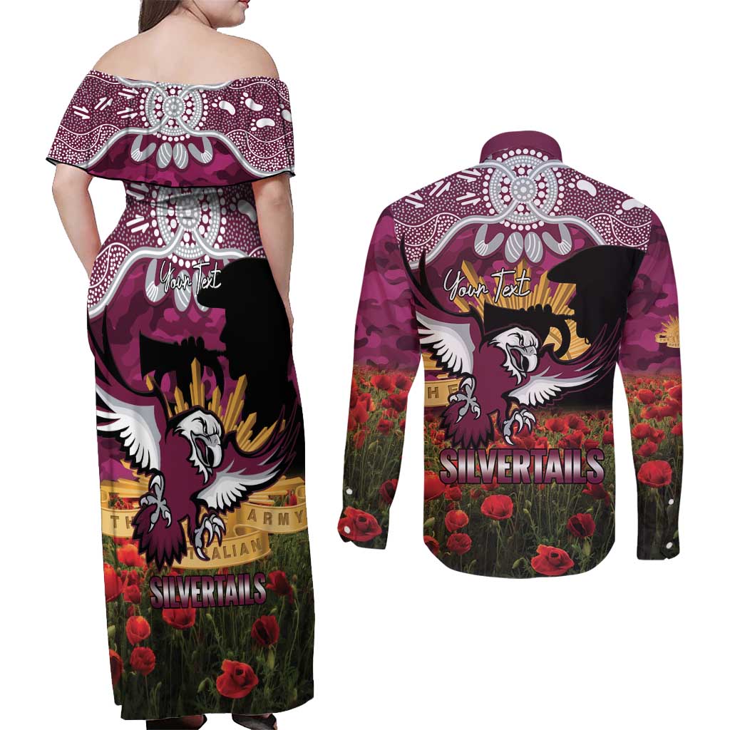 Personalised Sea Eagles Rugby ANZAC Day Couples Matching Off Shoulder Maxi Dress and Long Sleeve Button Shirt Last Post Poppy We Will Remember Them