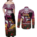 Personalised Sea Eagles Rugby ANZAC Day Couples Matching Off Shoulder Maxi Dress and Long Sleeve Button Shirt Last Post Poppy We Will Remember Them