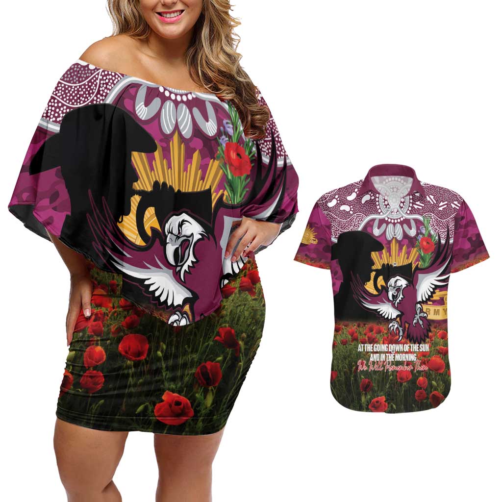 Personalised Sea Eagles Rugby ANZAC Day Couples Matching Off Shoulder Short Dress and Hawaiian Shirt Last Post Poppy We Will Remember Them