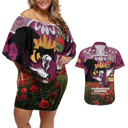 Personalised Sea Eagles Rugby ANZAC Day Couples Matching Off Shoulder Short Dress and Hawaiian Shirt Last Post Poppy We Will Remember Them