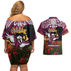 Personalised Sea Eagles Rugby ANZAC Day Couples Matching Off Shoulder Short Dress and Hawaiian Shirt Last Post Poppy We Will Remember Them