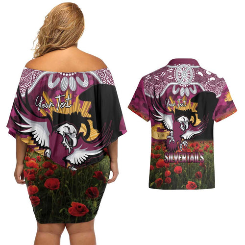 Personalised Sea Eagles Rugby ANZAC Day Couples Matching Off Shoulder Short Dress and Hawaiian Shirt Last Post Poppy We Will Remember Them