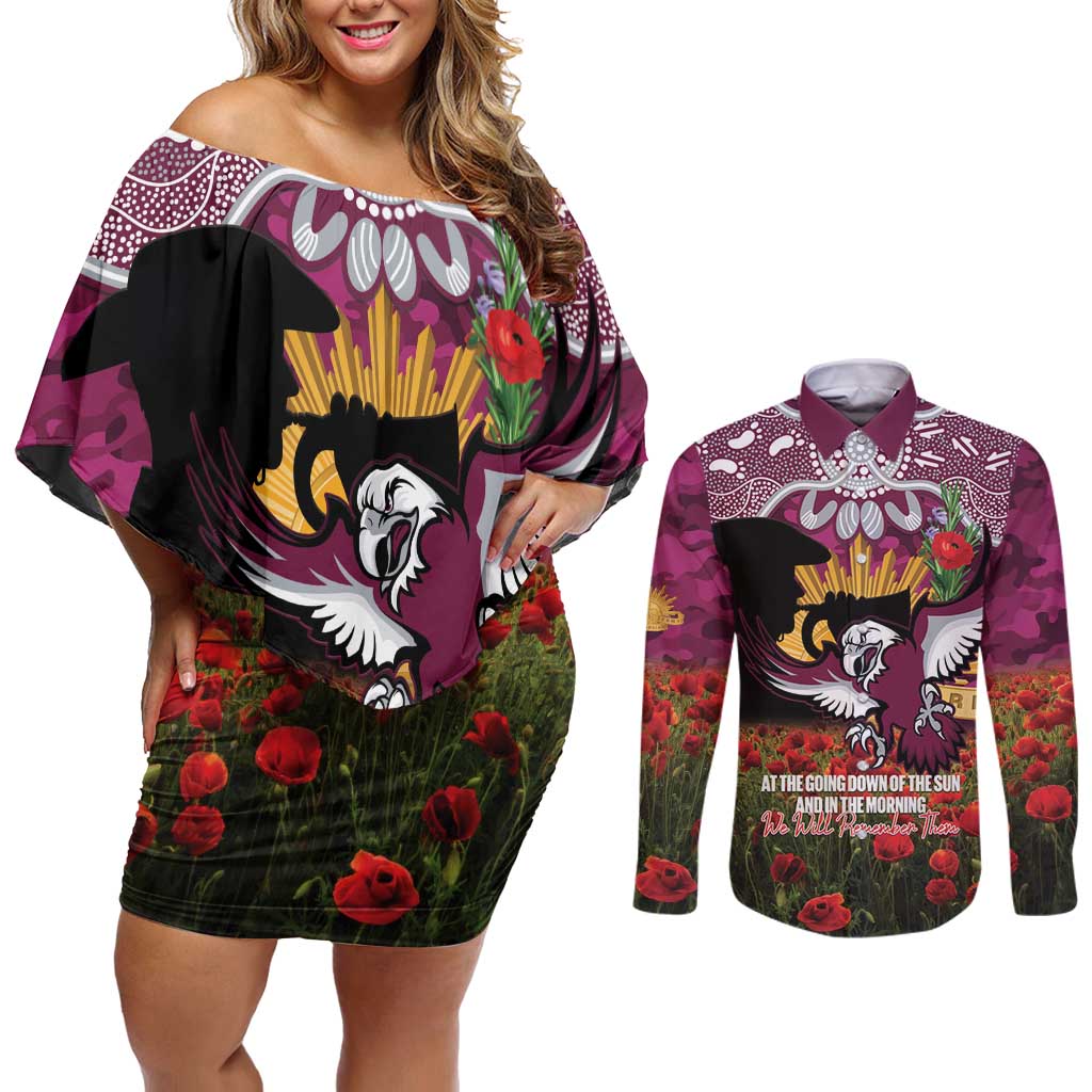 Personalised Sea Eagles Rugby ANZAC Day Couples Matching Off Shoulder Short Dress and Long Sleeve Button Shirt Last Post Poppy We Will Remember Them