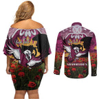 Personalised Sea Eagles Rugby ANZAC Day Couples Matching Off Shoulder Short Dress and Long Sleeve Button Shirt Last Post Poppy We Will Remember Them