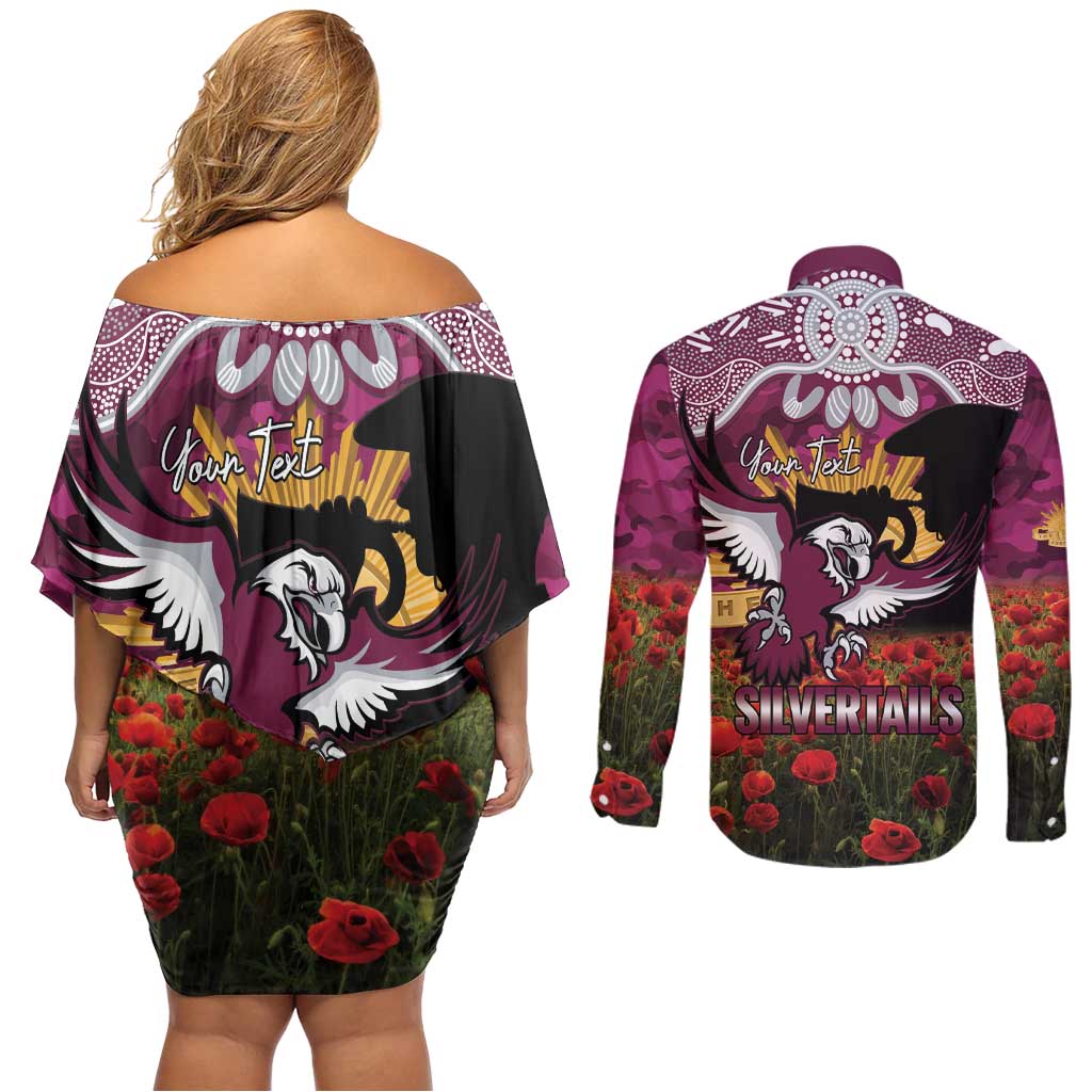 Personalised Sea Eagles Rugby ANZAC Day Couples Matching Off Shoulder Short Dress and Long Sleeve Button Shirt Last Post Poppy We Will Remember Them