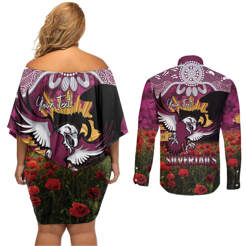 Personalised Sea Eagles Rugby ANZAC Day Couples Matching Off Shoulder Short Dress and Long Sleeve Button Shirt Last Post Poppy We Will Remember Them