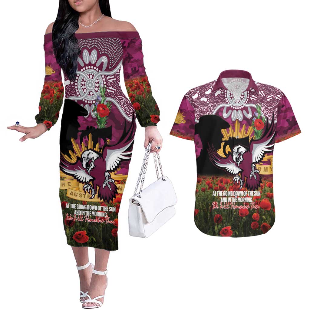 Personalised Sea Eagles Rugby ANZAC Day Couples Matching Off The Shoulder Long Sleeve Dress and Hawaiian Shirt Last Post Poppy We Will Remember Them