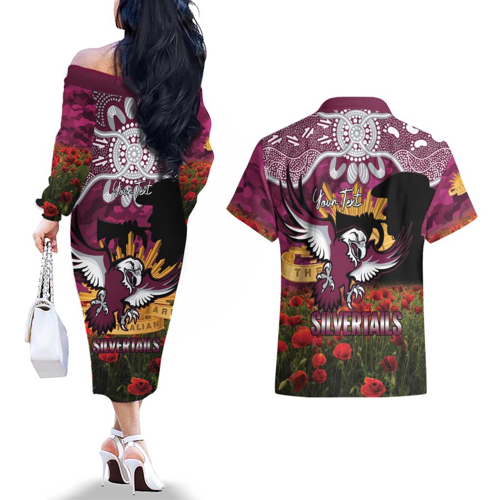 Personalised Sea Eagles Rugby ANZAC Day Couples Matching Off The Shoulder Long Sleeve Dress and Hawaiian Shirt Last Post Poppy We Will Remember Them