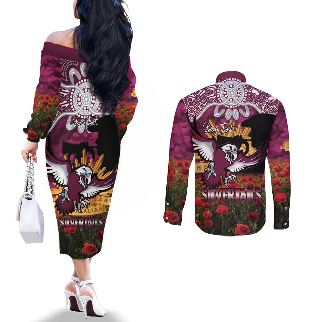 Personalised Sea Eagles Rugby ANZAC Day Couples Matching Off The Shoulder Long Sleeve Dress and Long Sleeve Button Shirt Last Post Poppy We Will Remember Them