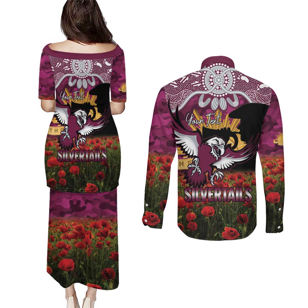 Personalised Sea Eagles Rugby ANZAC Day Couples Matching Puletasi and Long Sleeve Button Shirt Last Post Poppy We Will Remember Them