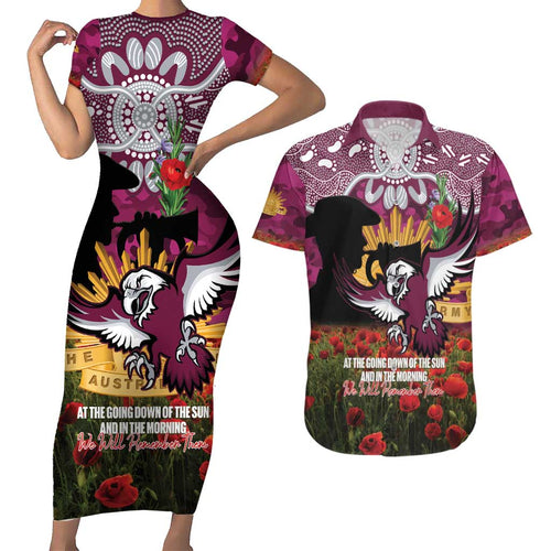 Personalised Sea Eagles Rugby ANZAC Day Couples Matching Short Sleeve Bodycon Dress and Hawaiian Shirt Last Post Poppy We Will Remember Them
