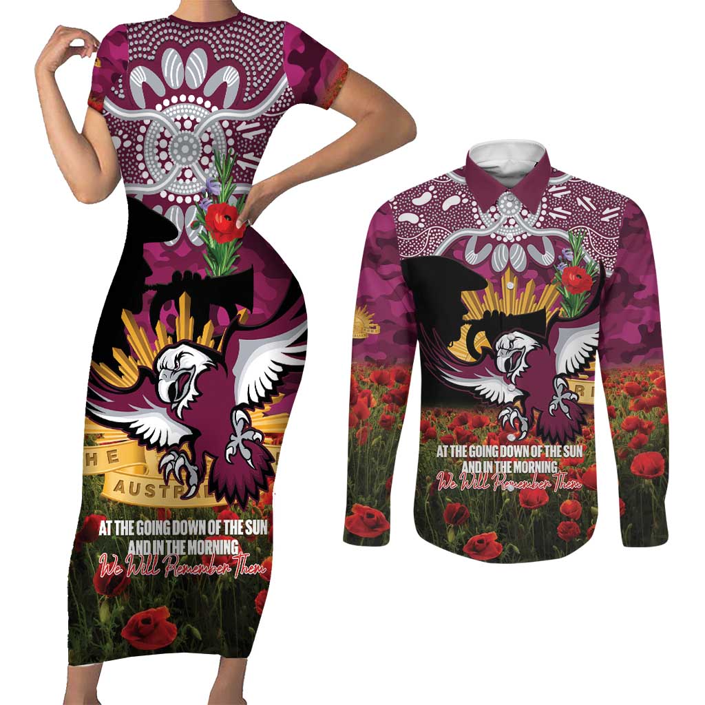 Personalised Sea Eagles Rugby ANZAC Day Couples Matching Short Sleeve Bodycon Dress and Long Sleeve Button Shirt Last Post Poppy We Will Remember Them