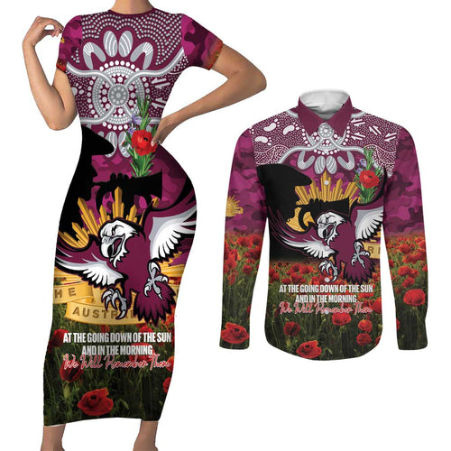 Personalised Sea Eagles Rugby ANZAC Day Couples Matching Short Sleeve Bodycon Dress and Long Sleeve Button Shirt Last Post Poppy We Will Remember Them